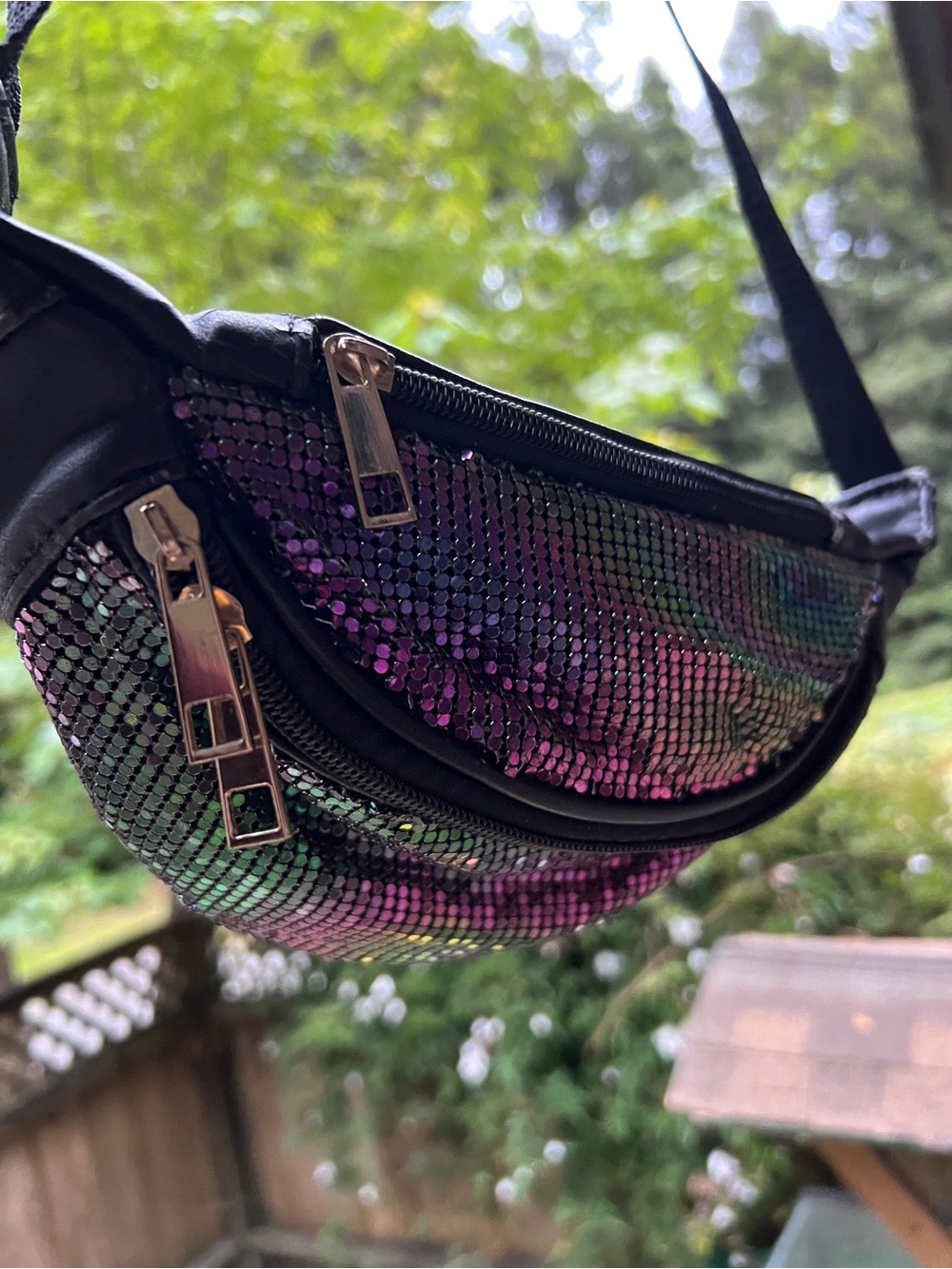 Sequin Oil Slick Multi Tone Leather Adjustable Waist Purse Fanny Pack Hip Bag - Picture 5 of 12